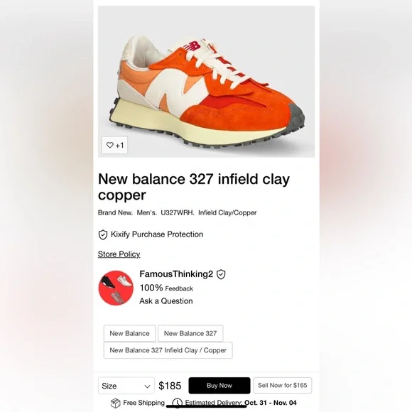 New Balance 327 Orange and White fashion sneakers - Picture 6 of 9